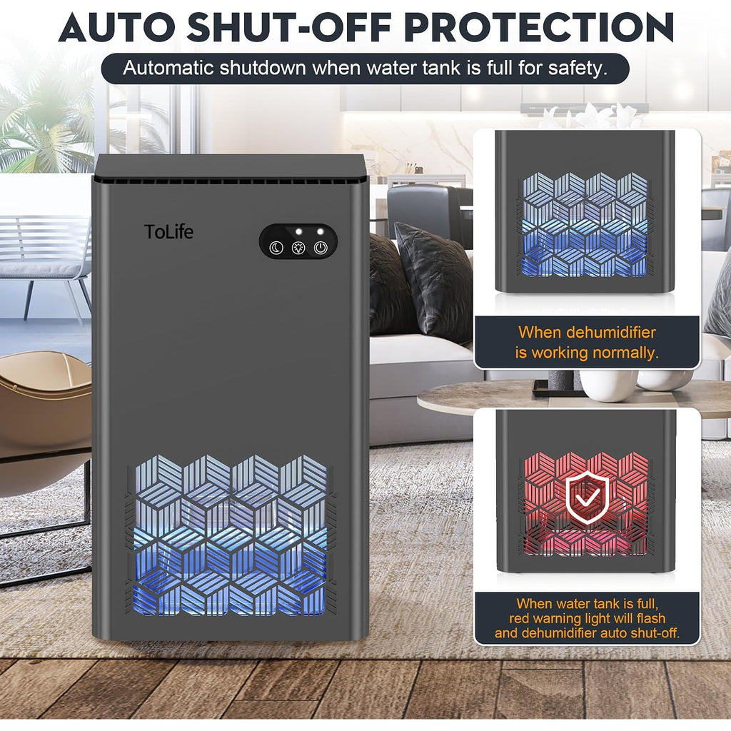 Tolife Dehumidifiers For Home, 1000 Sq.Ft Dehumidifier For Basement Bathroom Bedroom With 95 Oz Water Tank, Auto Shut Off 7 Colors Led Light, Grey