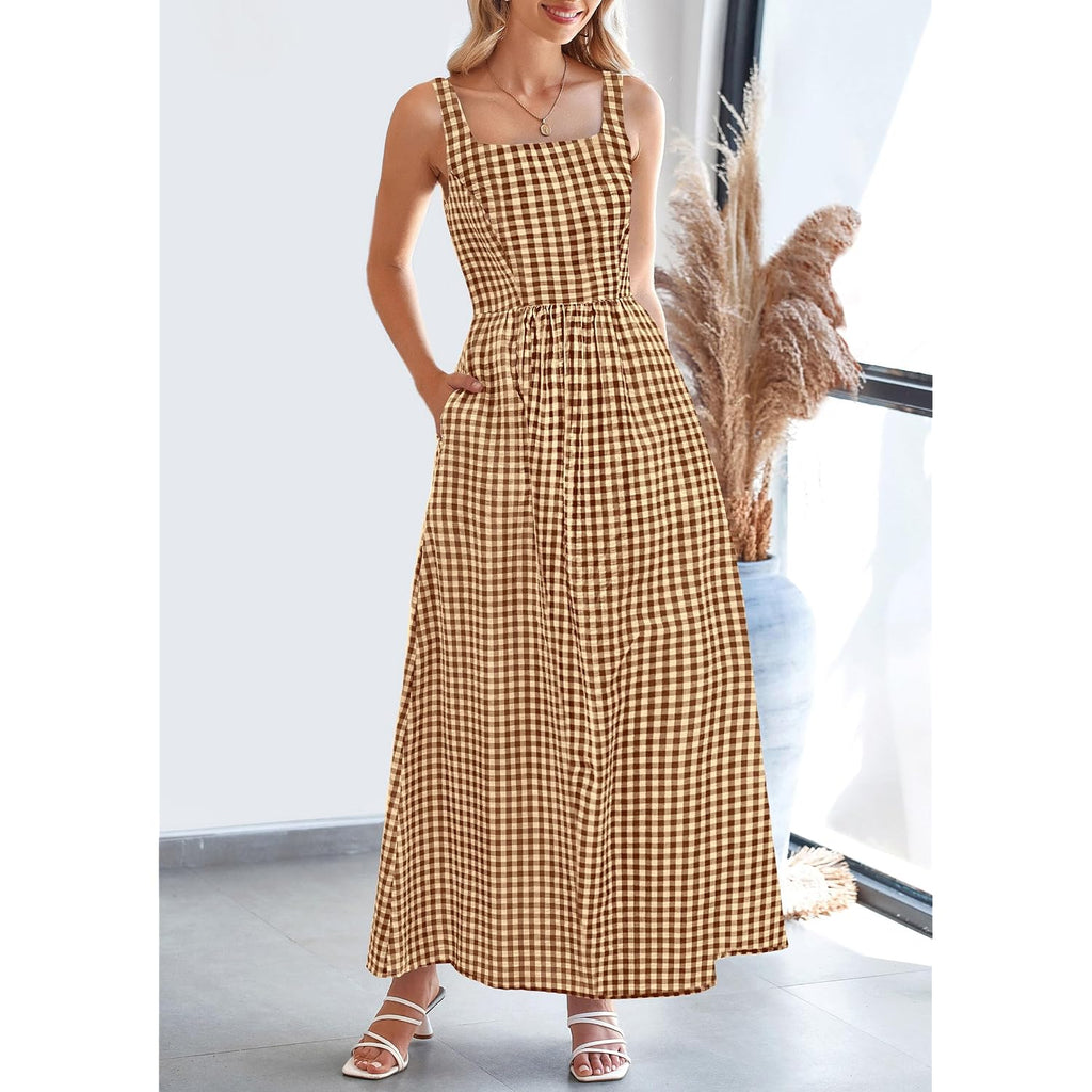 Prettygarden Women'S 2026 Summer Spaghetti Strap Maxi Dresses Plaid Square Neck A Line Casual Beach Vacation Long Sundress