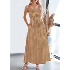 Prettygarden Women'S 2026 Summer Spaghetti Strap Maxi Dresses Plaid Square Neck A Line Casual Beach Vacation Long Sundress