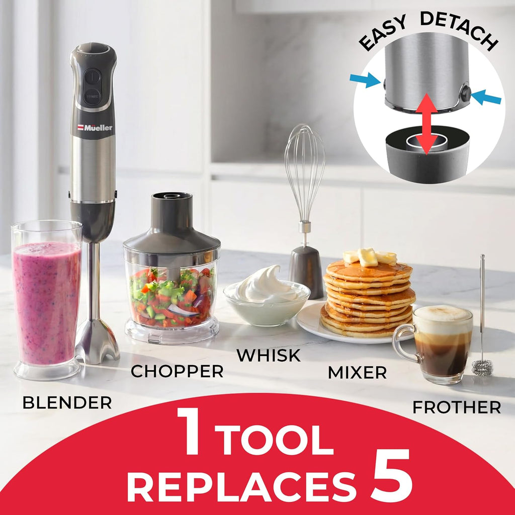 Mueller Multistick 5-In-1 Immersion Blender Handheld,12 Speed Hand Mixer-Turbo Boost,Heaviest Duty Copper Motor,Titanium Reinforced Blades Hand Blender,Milk Frother Wand,Whisk,Beaker,Chopper,Grey