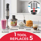 Mueller Multistick 5-In-1 Immersion Blender Handheld,12 Speed Hand Mixer-Turbo Boost,Heaviest Duty Copper Motor,Titanium Reinforced Blades Hand Blender,Milk Frother Wand,Whisk,Beaker,Chopper,Grey
