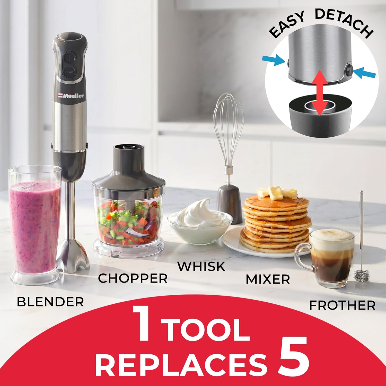 Mueller Multistick 5-In-1 Immersion Blender Handheld,12 Speed Hand Mixer-Turbo Boost,Heaviest Duty Copper Motor,Titanium Reinforced Blades Hand Blender,Milk Frother Wand,Whisk,Beaker,Chopper,Grey