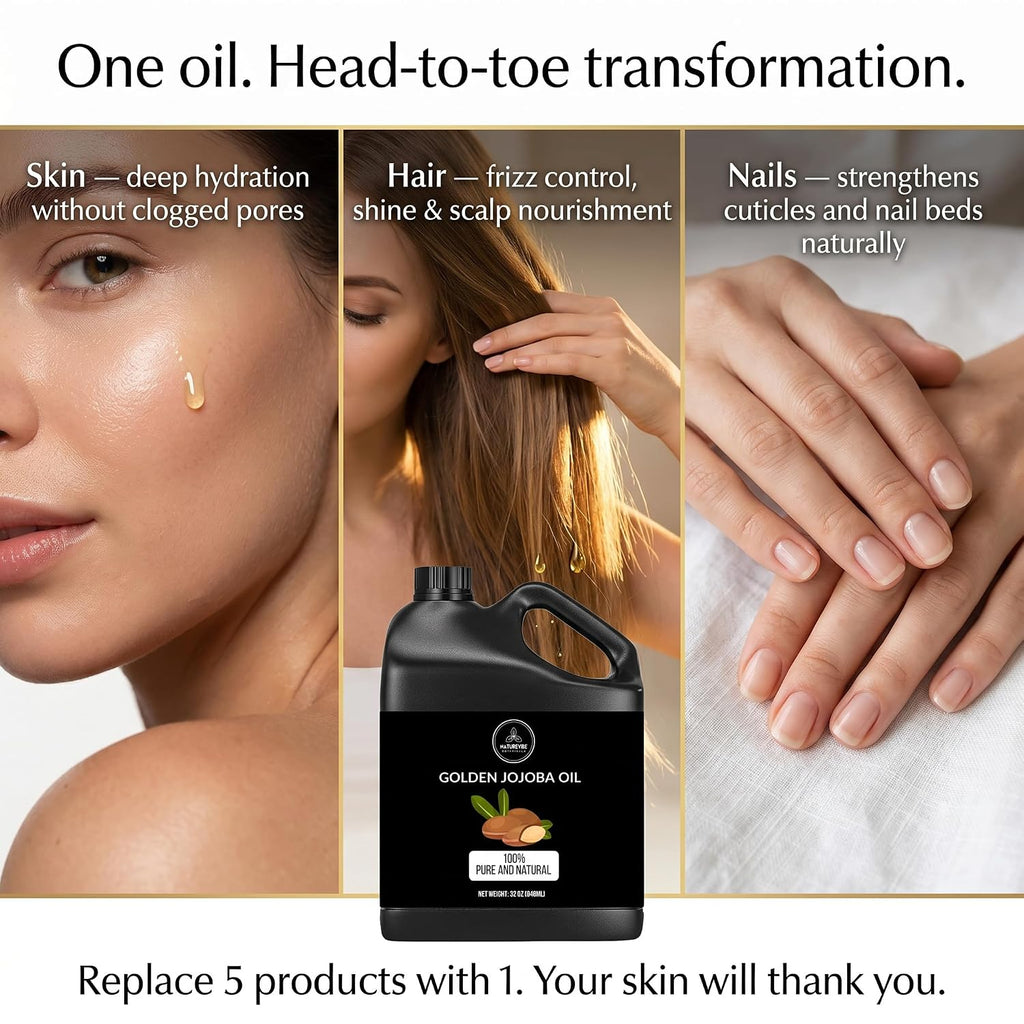 Naturevibe Botanicals Golden Jojoba Oil 32 Oz – 100% Pure, Cold-Pressed Moisturizer For Skin & Hair | Antioxidant-Rich, Non-Greasy, Carrier Oil & Daily Hydration