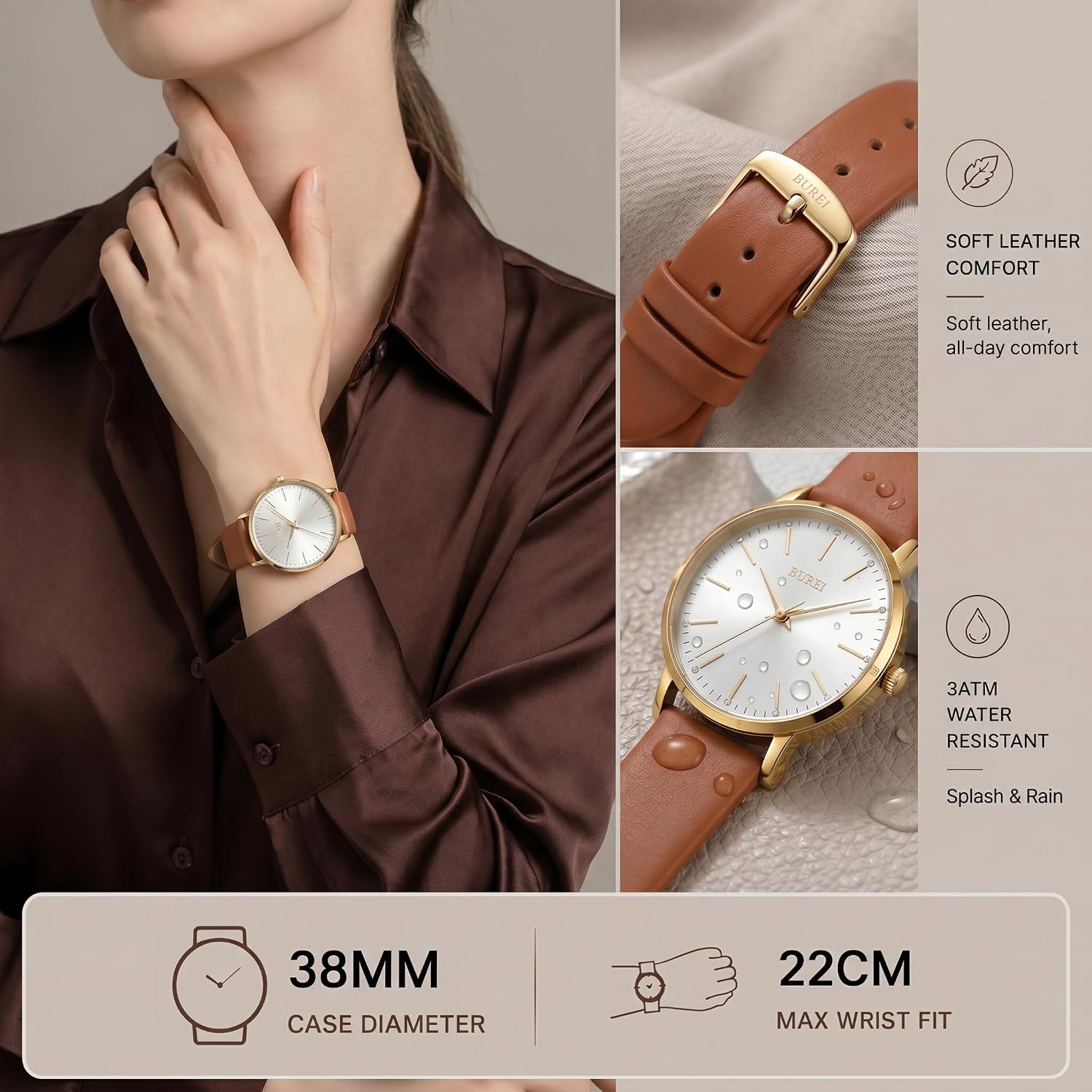 Burei Women Wrist Watches Large Face Fashion Minimalist Analog Leather Quartz Waterproof Watches For Women, Mothers Day Gifts For Mom