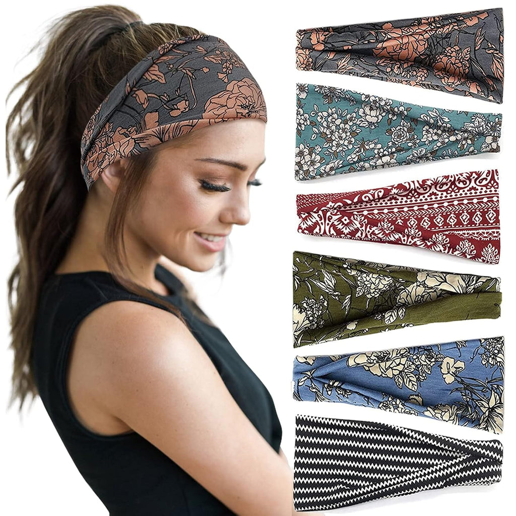 Huachi Boho Headbands For Women Wide Head Bands, Yoga Workout Hair Bands For Women'S Hair Non Slip, Summer Womens Headbands Hair Accessories 6 Pack