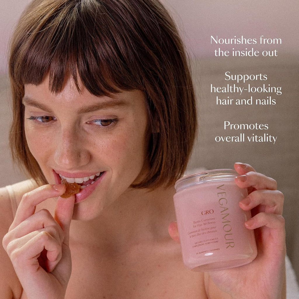 Vegamour Gro Biotin Gummies For Hair Wellness®, 30-Day Supply - Vitamins B, A, C & E, Supports Fuller-Looking Hair & Nails, Vegan & Cruelty-Free