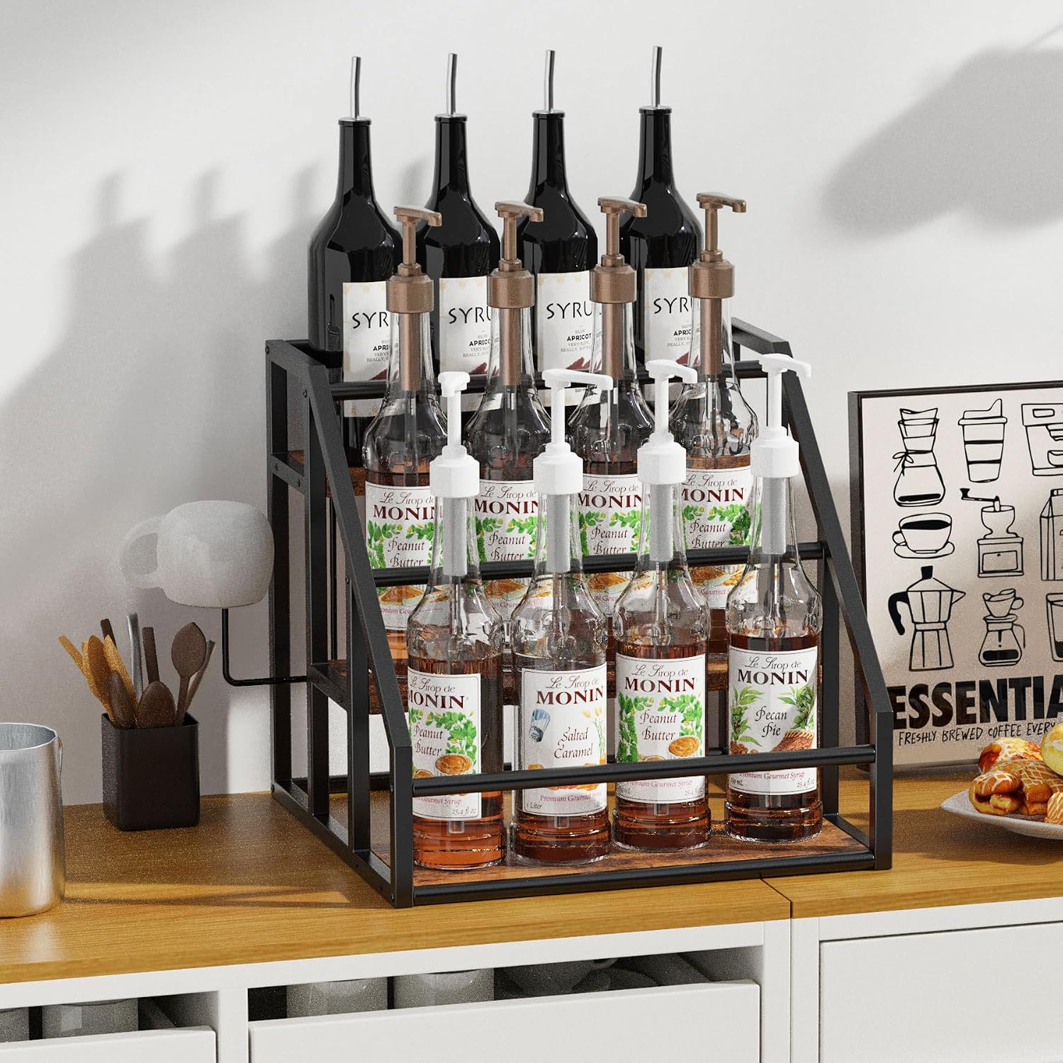 Coffee Syrup Rack Organizer, 3 Tier Countertop Storage Shelves, Kitchen Storage, 12 Syrup Bottle Stand Holder For Wine, Liquor, Kitchen Coffee Station Organizer Rack, 13.8"X13.4"X13.0", Rustic Brown