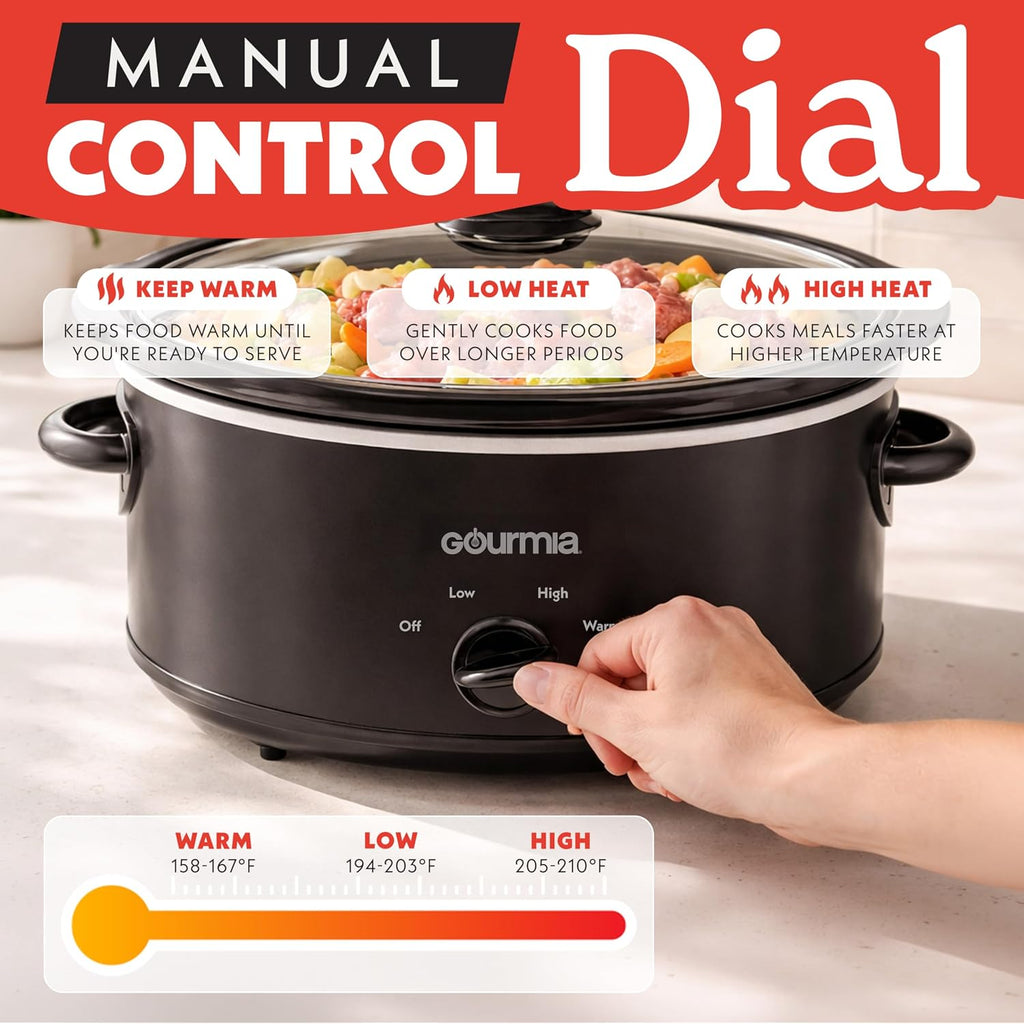 Gourmia Slow Cooker - 6 Quart Removable Ceramic Pot, Manual Controls With 3 Temperature Settings, Dishwasher Safe Crock And Glass Lid, Black
