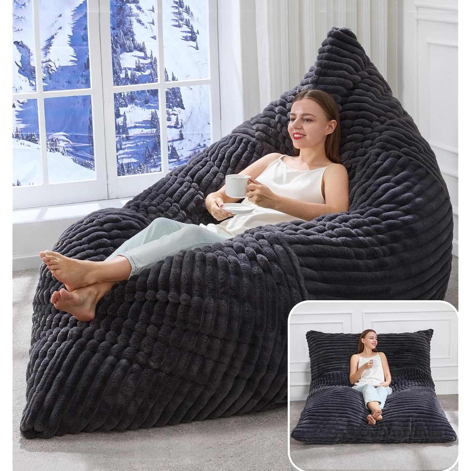 Hobestluk 3 In 1 Bean Bag Chair Giant Bean Bag Chairs Convertible Bean Bag Floor Cushion With Machine Washable Cover, Beanbag Chairs For Adult (Dark Grey)