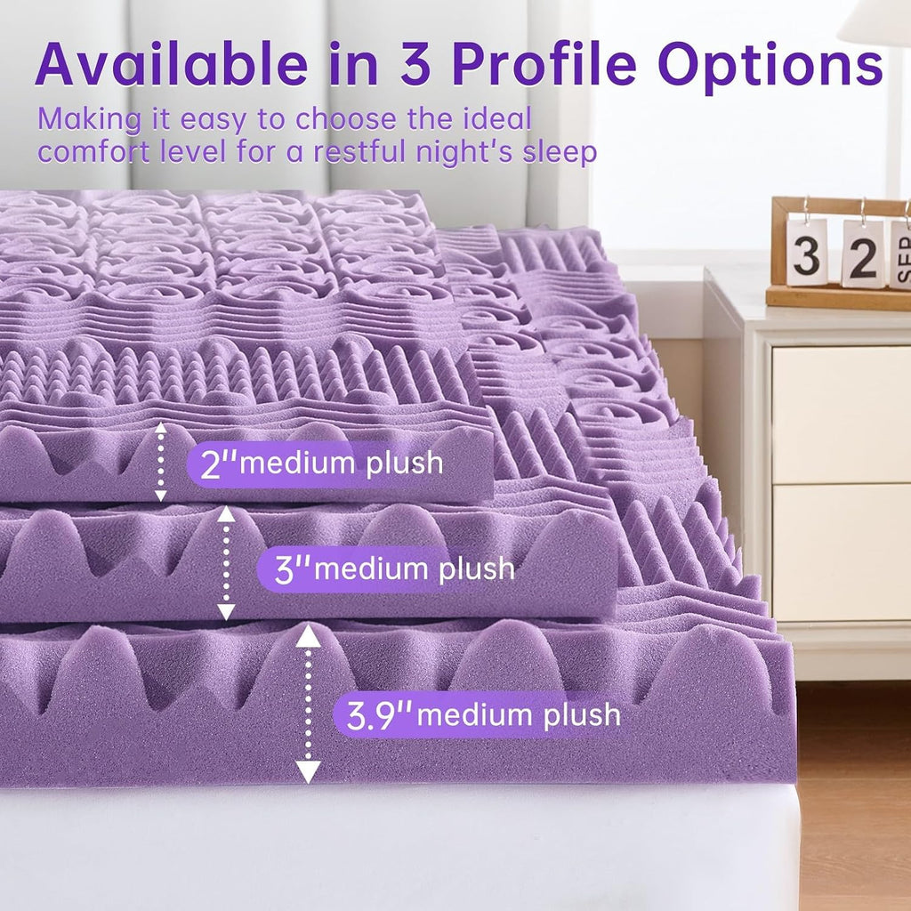 3 Inch 7-Zone Queen Mattress Topper, Egg Crate Memory Foam Mattress Topper Queen Size For Back Pain, Lavender Gel Infused Bed Pad, Certipur-Us And Oeko-Tex Certification (60"×80")
