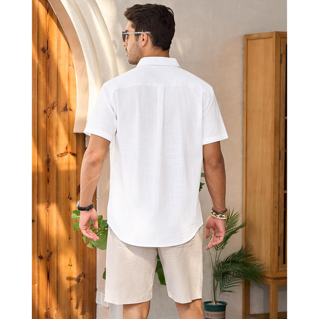 Mens Linen Shirts Short Sleeve Button Down Shirt Casual Cuban Guayabera Lightweight Summer Beach Solid Tops