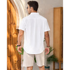 Mens Linen Shirts Short Sleeve Button Down Shirt Casual Cuban Guayabera Lightweight Summer Beach Solid Tops