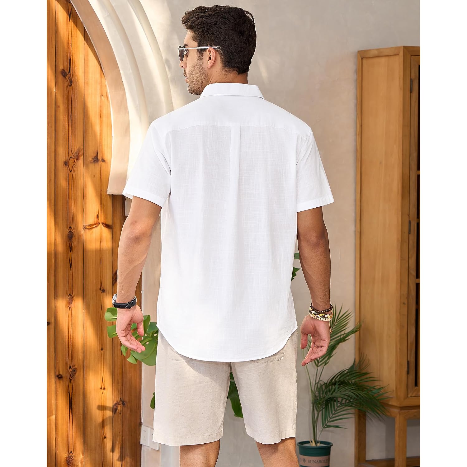 Mens Linen Shirts Short Sleeve Button Down Shirt Casual Cuban Guayabera Lightweight Summer Beach Solid Tops