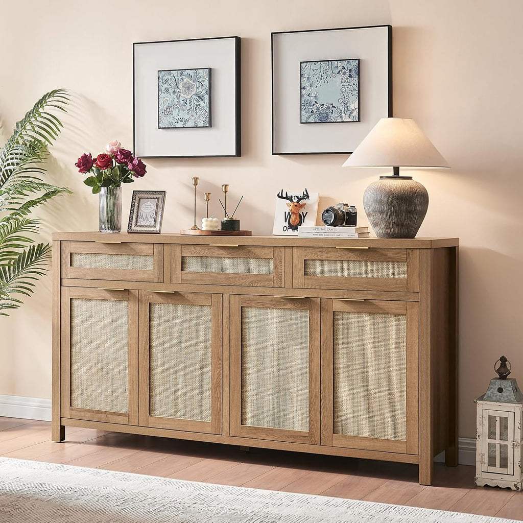 63" Rattan Sideboard Buffet Cabinet, Boho Storage Cabinet With Adjustable Shelves, Farmhouse Credenza Coffee Bar Cabinets With 4 Doors & 3 Drawers For Living Room, Hallway & Kitchen