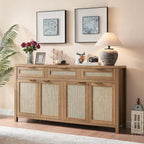 63" Rattan Sideboard Buffet Cabinet, Boho Storage Cabinet With Adjustable Shelves, Farmhouse Credenza Coffee Bar Cabinets With 4 Doors & 3 Drawers For Living Room, Hallway & Kitchen