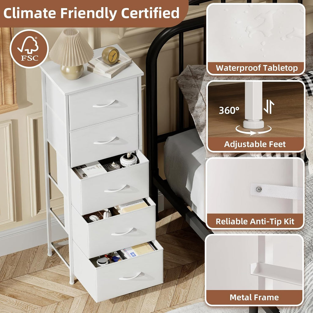 Somdot Tall Dresser For Bedroom With 5 Drawers, Storage Organizer Chest Of Drawers With Removable Fabric Bins For Closet Bedside Living Room Laundry Entryway Hallway, White Leather