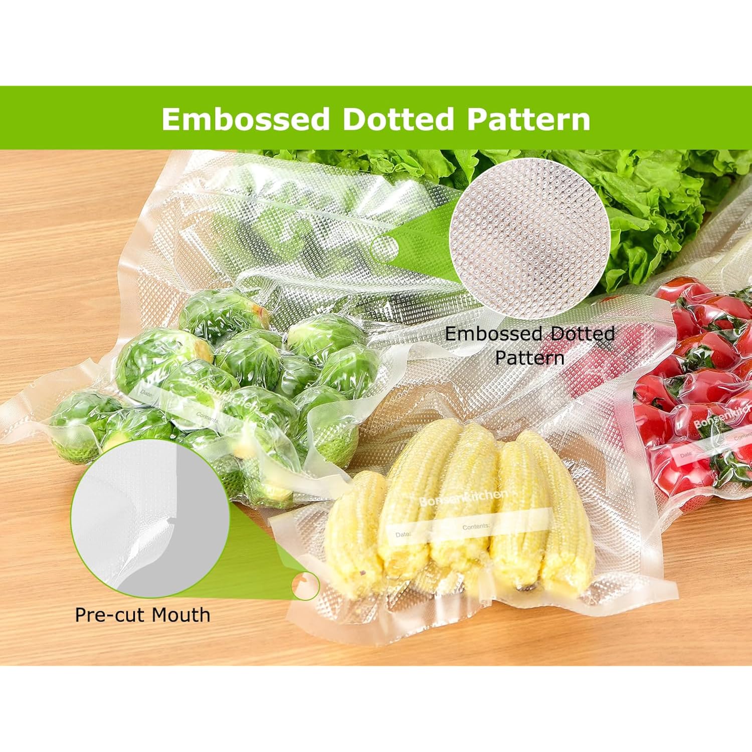 Bonsenkitchen Vacuum Sealer Bags, 20 Gallon 11" x 16"+ 80 Quart 8" x 12"+ 50 Pint 6" x 10", Commercial Grade, BPA Free, Food Sealer Bags for Vac Storage, Meal Prep or Sous Vide Cooking, VB15