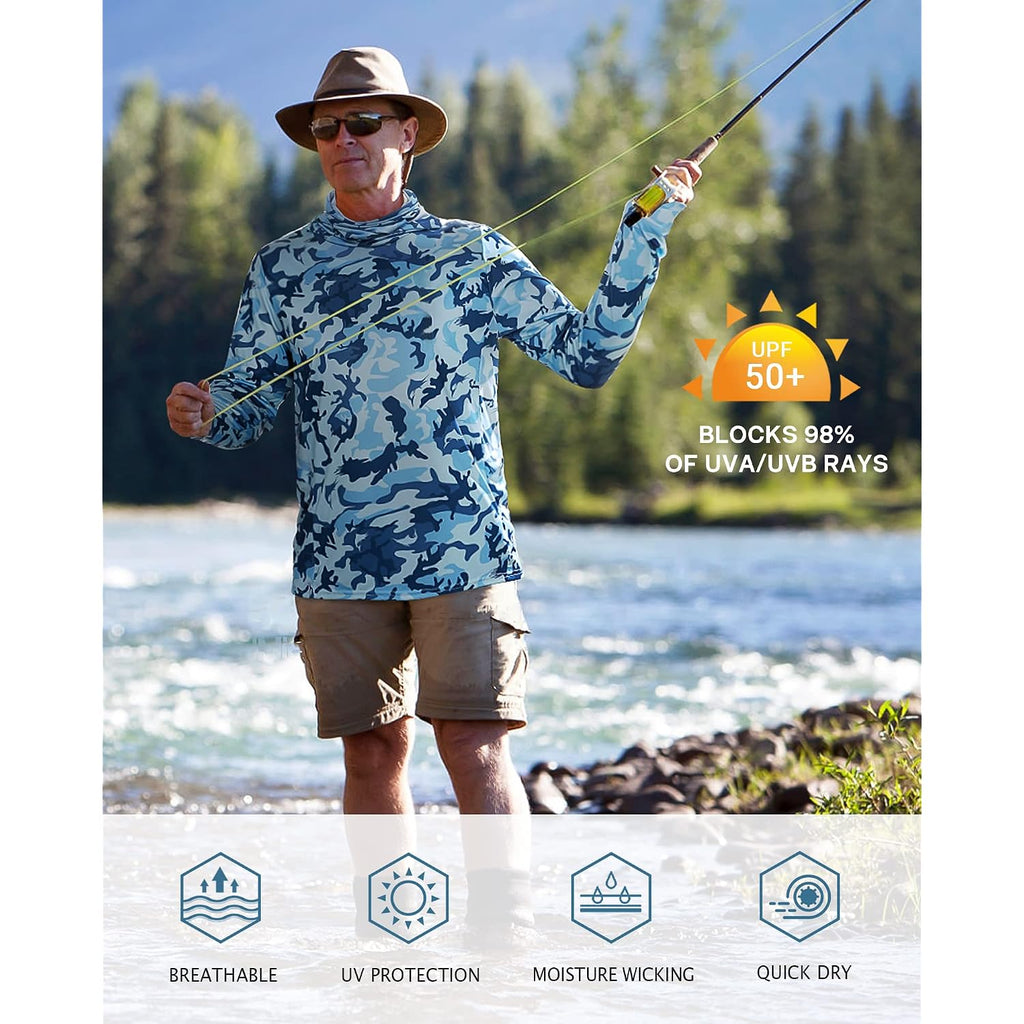Fisheal Men'S Performance Fishing Hoodie Shirt - Upf 50+ Sun Protection Long Sleeve Thumbholes Shirts With Neck Gaiter