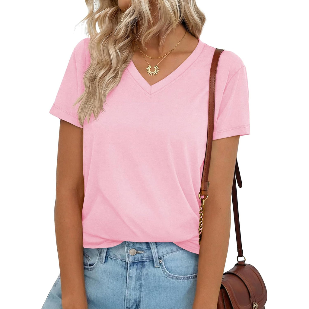 YUCOLEN T Shirts for Women Soft Short Sleeve V Neck Basic Tees Cotton Blend Breathable UPF 50+ Tops for Summer Spring
