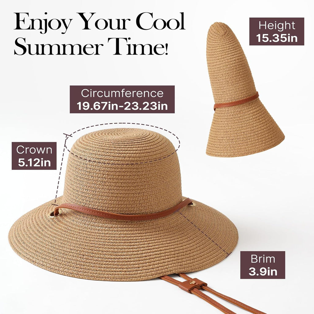 Womens Beach Sun Straw Hat, Wide Brim Sun Hat Travel Foldable Summer Wind Lanyard UPF 50+