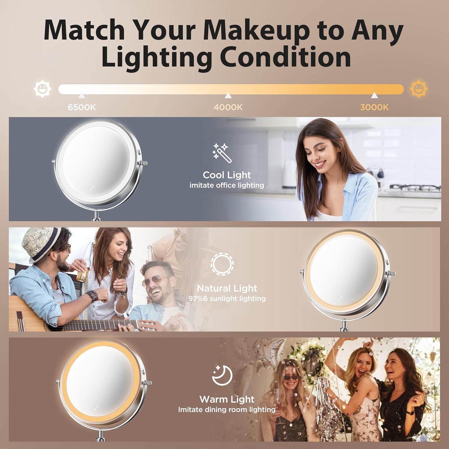 Makeup Mirror, 1X/30X Double Sided Magnifying Mirror With 3 Colors, 3200 Mah Rechargeable Vanity Mirror With 360° Rotation, Brightness Adjustable Light Up Mirror, Women Gift (Gray)