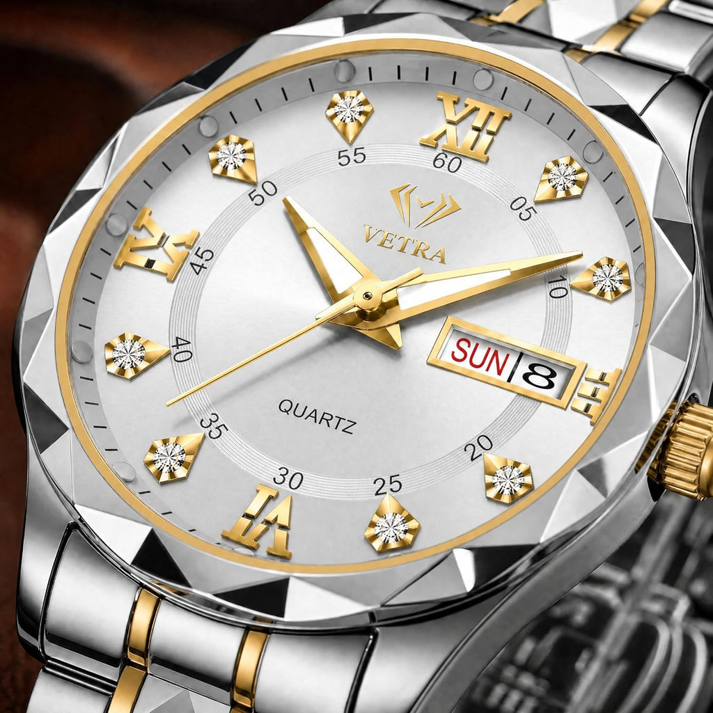 Vetra Womens Bracelet Watches Set Small Wrist Watches with Silver Gold Tone Diamond Stainless Steel Waterproof Luminous Date Display Watches for Ladies Reloj para Mujer