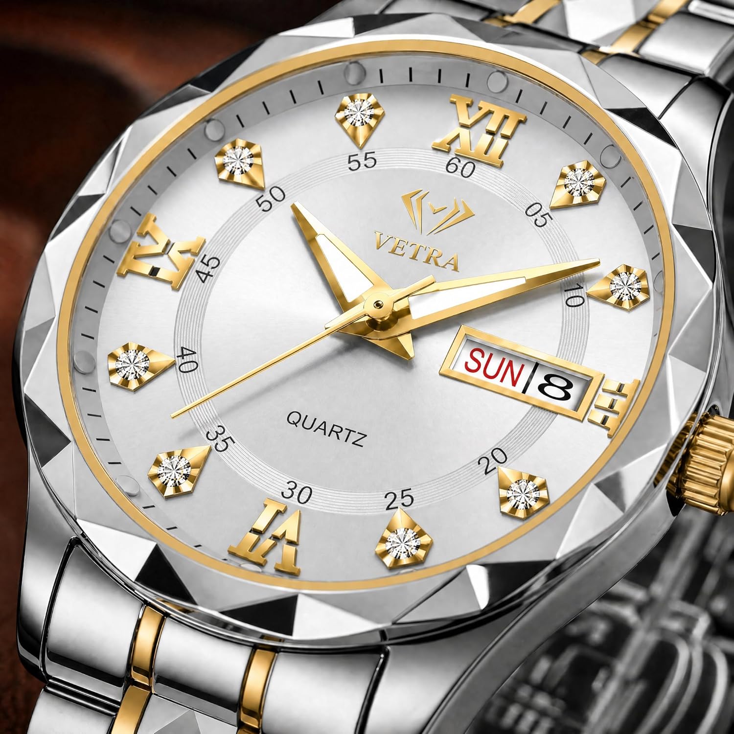 Vetra Womens Bracelet Watches Set Small Wrist Watches with Silver Gold Tone Diamond Stainless Steel Waterproof Luminous Date Display Watches for Ladies Reloj para Mujer