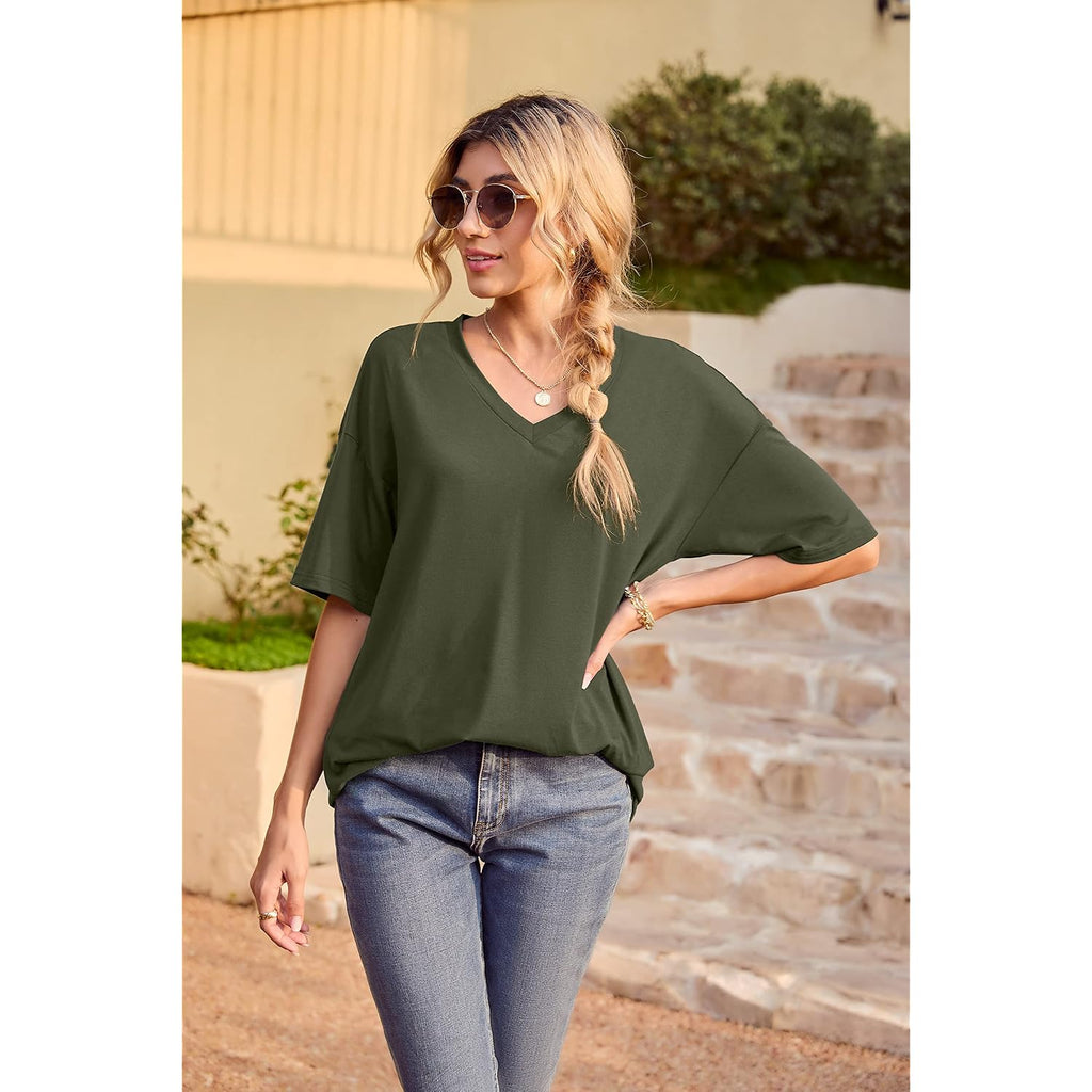 Womens Short Sleeve Tops Dolman V Neck T-Shirts Summer Casual Tunic Tops