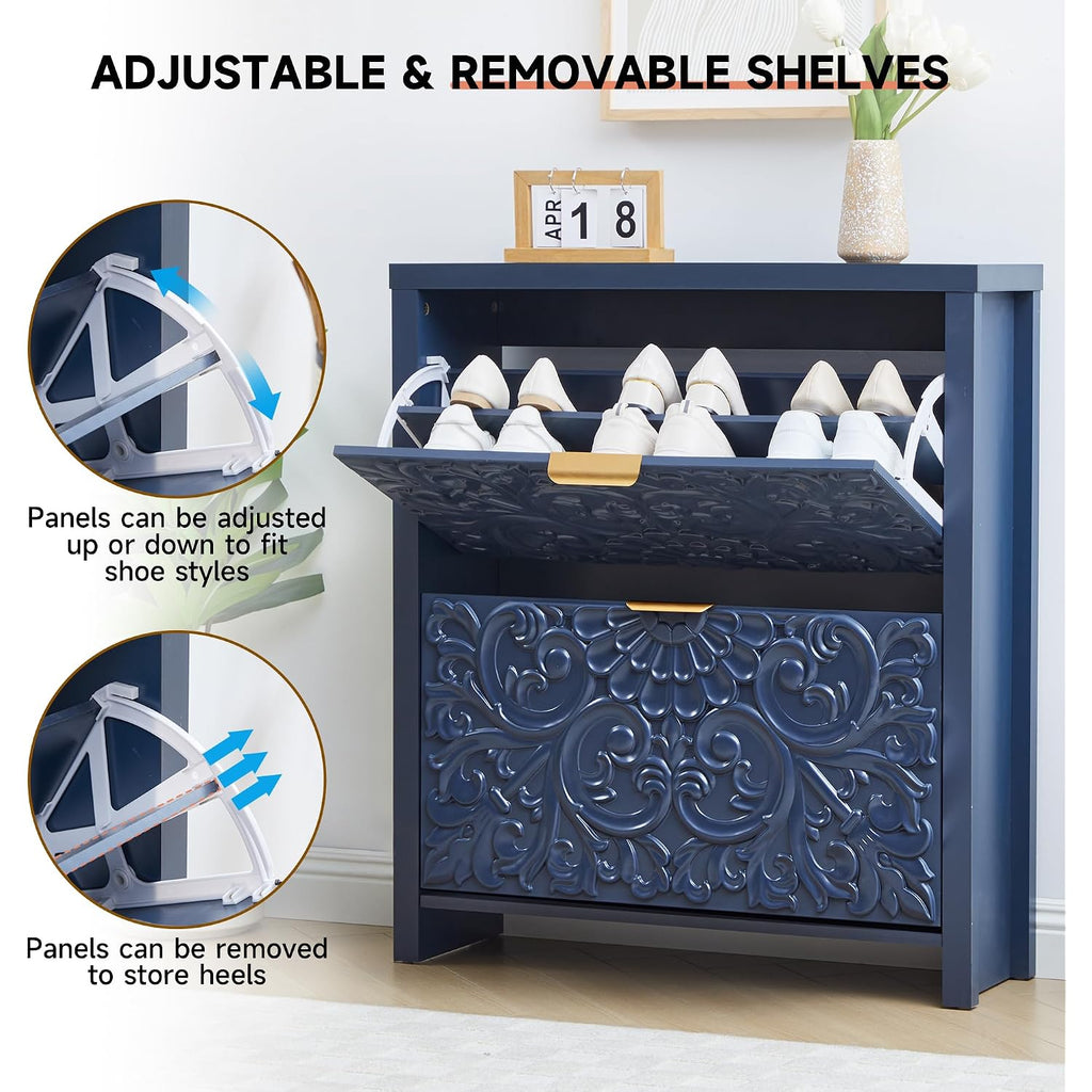 Shoe Cabinet With Flip Drawers, Narrow Shoe Storage Cabinet, 2-Tier Hidden Shoe Organizer With Carved Floral For Entryway, Mid-Century Modern Slim Shoes Storage For Hallway Foyer (1, Midnight Blue)