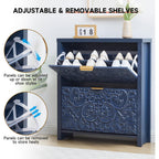 Shoe Cabinet With Flip Drawers, Narrow Shoe Storage Cabinet, 2-Tier Hidden Shoe Organizer With Carved Floral For Entryway, Mid-Century Modern Slim Shoes Storage For Hallway Foyer (1, Midnight Blue)