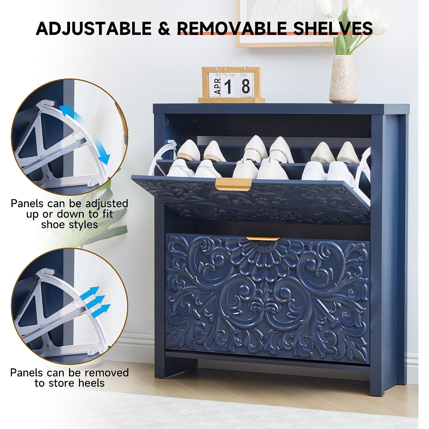 Shoe Cabinet With Flip Drawers, Narrow Shoe Storage Cabinet, 2-Tier Hidden Shoe Organizer With Carved Floral For Entryway, Mid-Century Modern Slim Shoes Storage For Hallway Foyer (1, Midnight Blue)