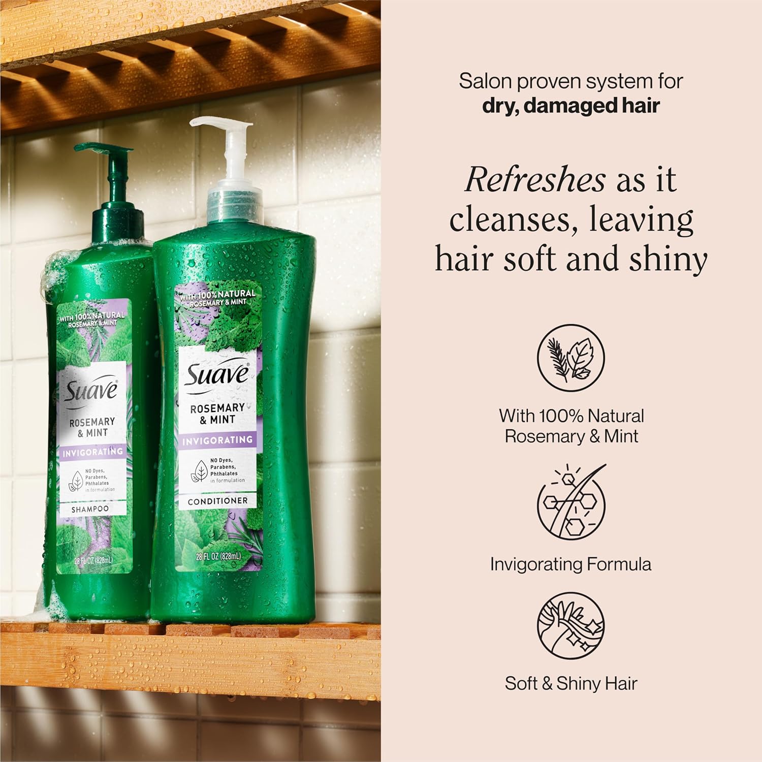 Suave Invigorating Shampoo with Rosemary & Mint, Refreshing & Replenishing Care for Healthy-Looking Hair, No Parabens, Phthalates, or Dyes, 28 FL OZ Bottle