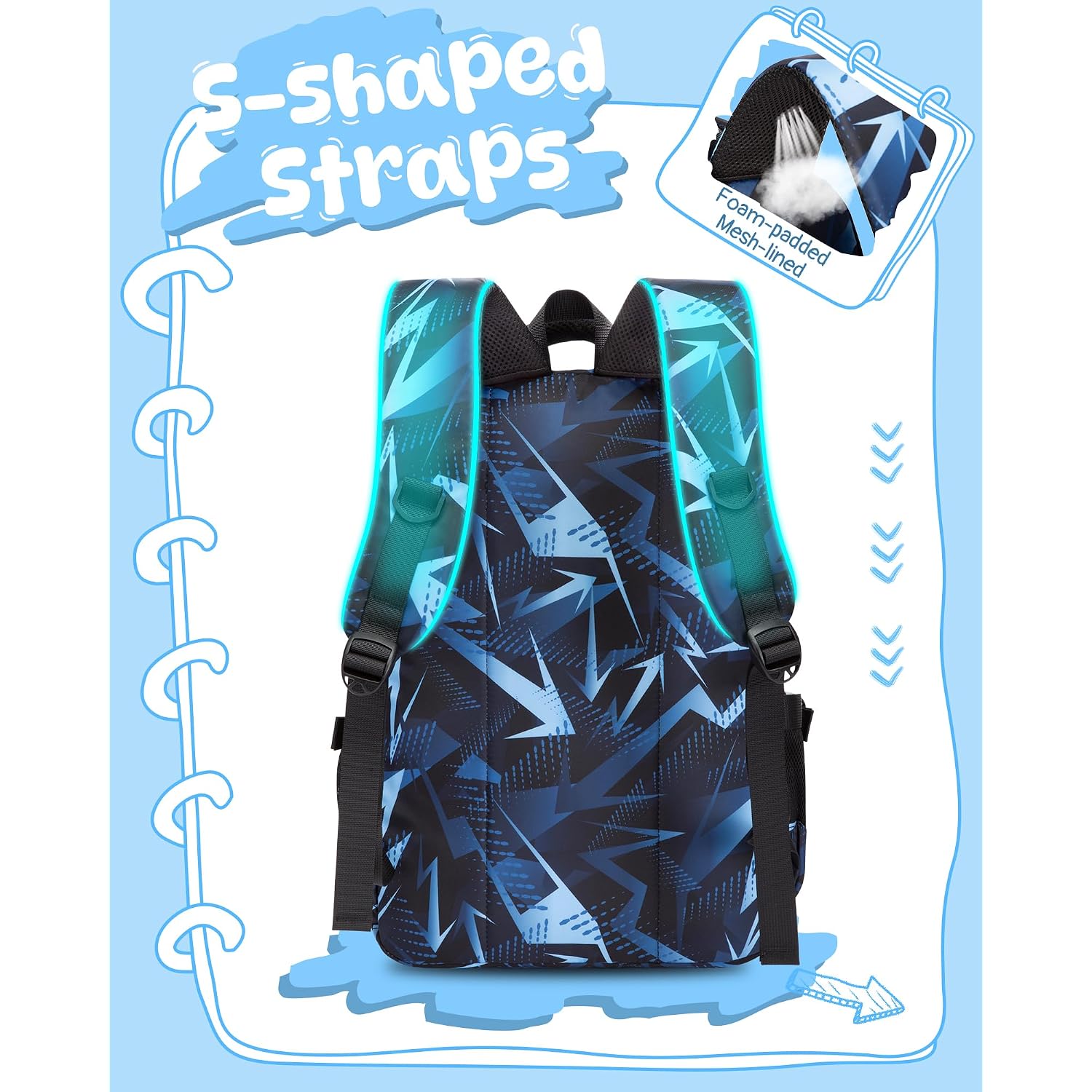 Kids School Backpack For Boys Girls Ages 6-8 8-10 10-12 Elementary Middle School Book Bags With Laptop Compartment Mochilas Escolares Para Niños Niñas De 8 10 12 Años (Blue, Geometric)