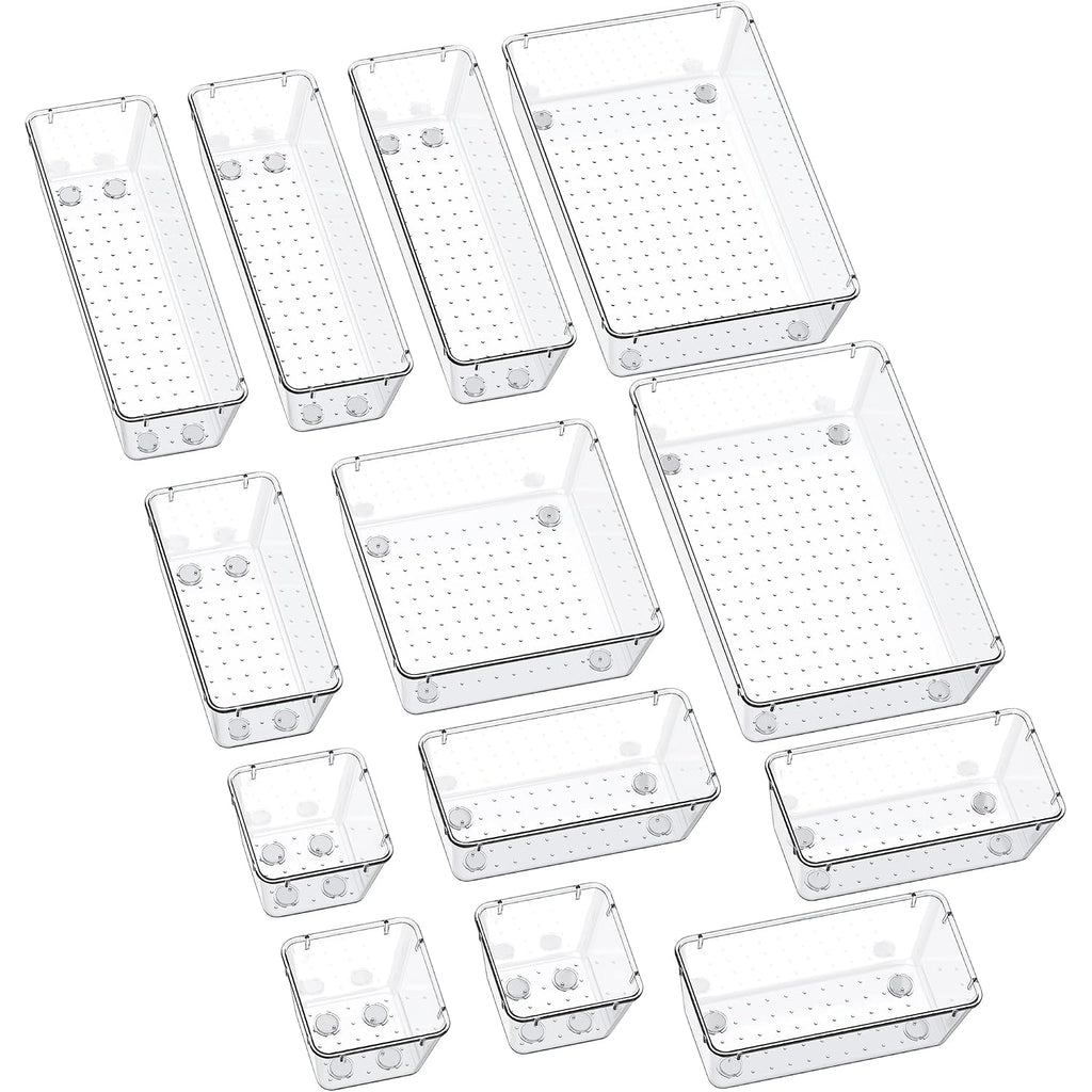 Smartake 13-Piece Drawer Organizers With Non-Slip Silicone Pads, 5-Size Desk Bathroom Drawer Organizer Trays Storage Tray For Makeup, Jewelries, Utensils In Bedroom Dresser, Office And Kitchen, Clear