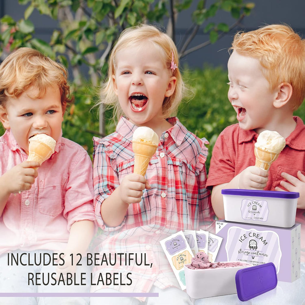 Set Of 2 Reusable Ice Cream Tub Containers 1.6 Quart Ea. - Perfect For Homemade Sorbet, Frozen Yogurt Or Gelato - Stackable Storage Containers, Stickers And Lids Stores Easily In Freezer