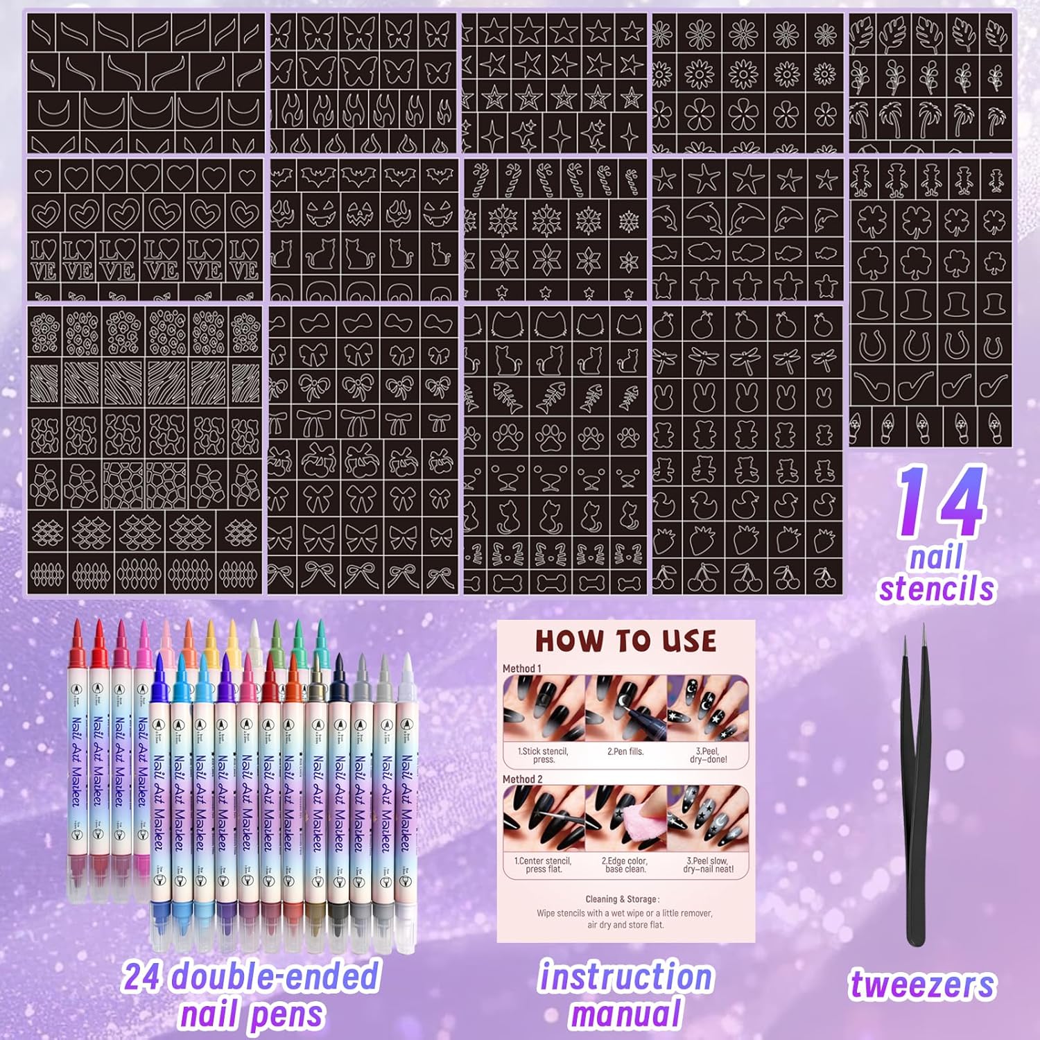 Nail Art Acrylic Marker Pens with Stencils, 24 Colors Dual Tip Water-Based Markers, 14 Nail Stickers Heart Butterfly Flowers Star Designs, Quick-Dry DIY Nail Tools for Women and Girls