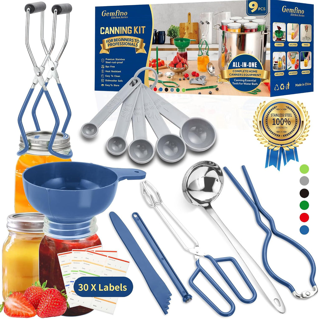 Canning Supplies Starter Kit,Canning Kit For Beginners Of 9 With Jar Lifter，Wide Mouth Funnel,Wrench,Tongs,Lid Lifter,Bubble Popper,Canning Labels,Ladle,Measuring Spoon-Blue