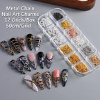 12 Strips Metal Chain Nail Art Charms, 3D Gold Silver Dark Gray Nail Chains Punk Alloy Nail Rivets Jewelry for Women Gothic Manicure Accessories DIY Crafts Decorations