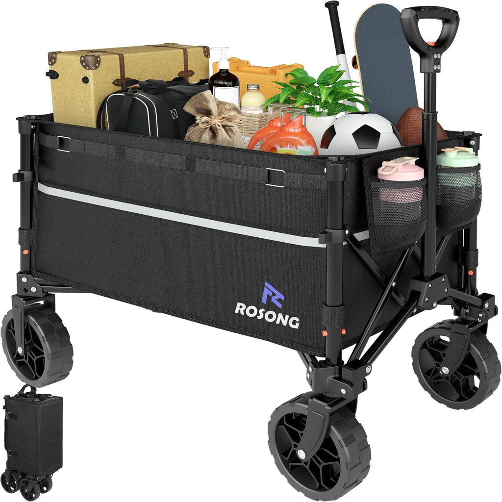 Rosong Collapsible Wagon Cart With Wheels Foldable - Folding Utility Heavy Duty Wagons Carts For Grocery Sports Garden Shopping Camping Wheelbarrows (Black, 120L)