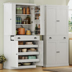 Ironck 72" Kitchen Pantry Cabinet With Drawer And Sliding Racks, White | White Wood Pantry Cabinet. 6 Door Shelves. 3 Sliding Racks. For Kitchen, Dining Room, Or Hallway.