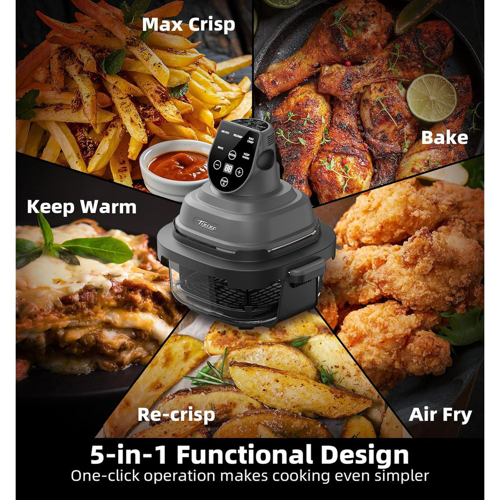 5-in-1 Glass Air Fryer for Healthy Oil-Free Cooking, Portable 1500W Countertop Cooker with 4QT & 6-Cup Glass Bowl, Non-Toxic Design & Dishwasher Safe for Single & Family Meals