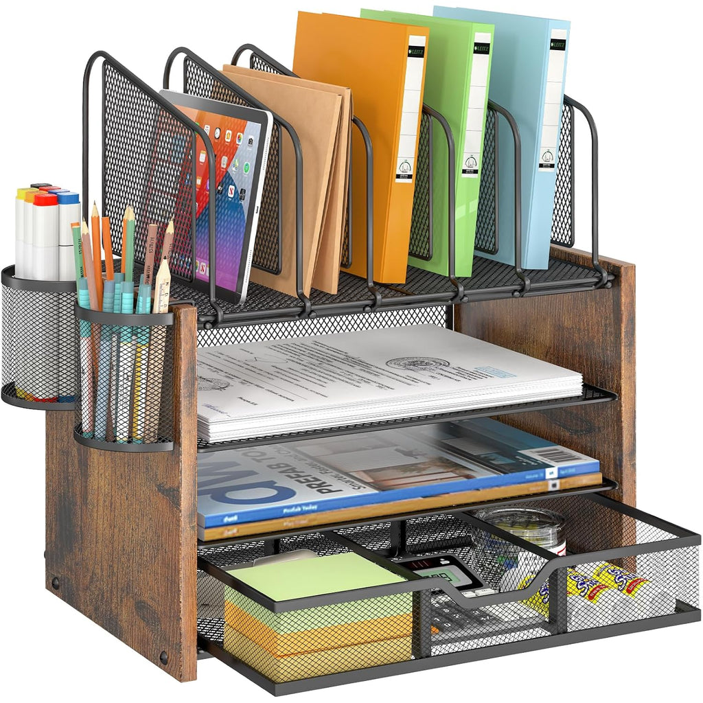 4-Tier Mesh Desk Organizer, Wooden Desk File Organizer With 5 Vertical File Holders And 2 Pen Holders, Desktop Organizers And Accessories With Drawer For Home Office