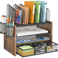 4-Tier Mesh Desk Organizer, Wooden Desk File Organizer With 5 Vertical File Holders And 2 Pen Holders, Desktop Organizers And Accessories With Drawer For Home Office