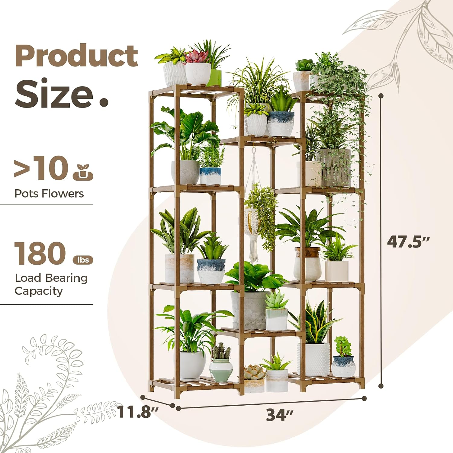 Bamworld Plant Stand Indoor Outdoor Tall Plant Shelf For Multiple Plants Pots Wood Flower Stand Large Flower Holder For Living Room, Patio, Balcony, Garden Decor, Brown