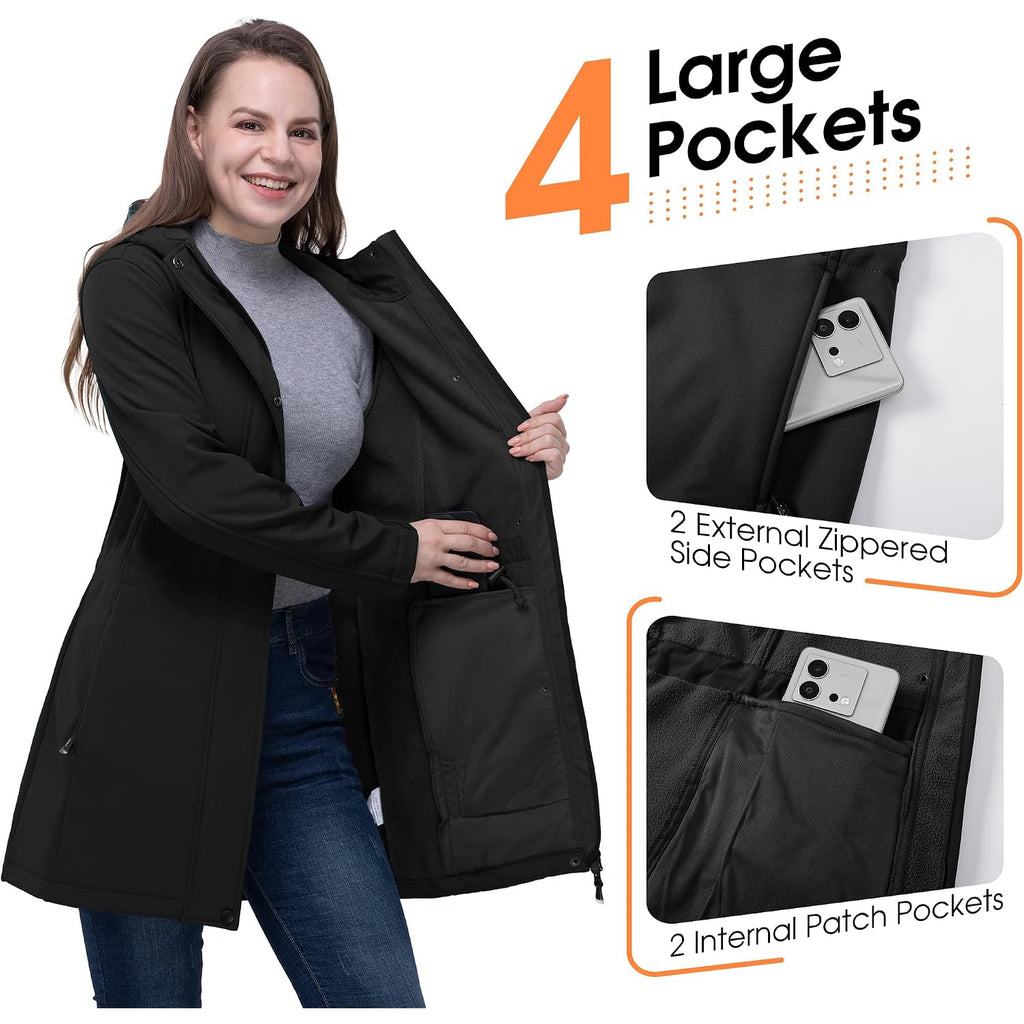 33,000Ft Women'S Softshell Long Jacket With Hood Fleece Lined Windproof Warm Up Waterproof Windbreaker