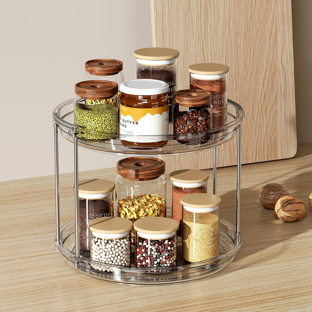 Lamu 2 Tier Lazy Susan Turntable Organizer 9.25'' Rotating Spice Rack Organization For Cabinet, Kitchen, Pantry, Countertop, Bathroom, Vanity, Medicine Cabinet Organizer, Clear