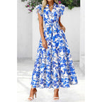 Dowerme Women Summer Maxi Dresses 2026 Ruffle Sleeve V Neck Floral Boho Long Dress Belted Tiered Sundress With Pockets