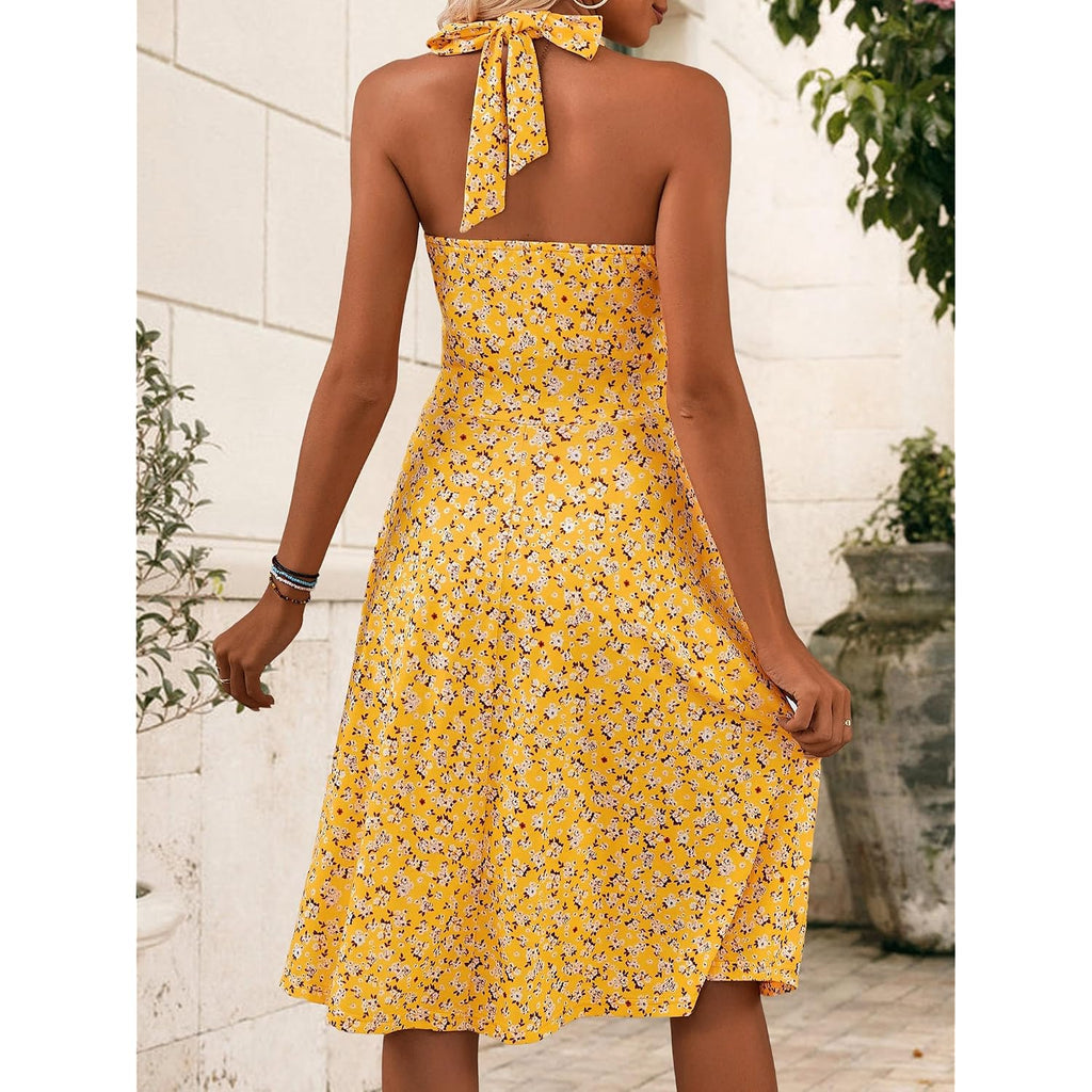 Huhot Women'S Summer Sundress Sleeveless Halter Neck Spring 2026 Floral With Pocket Elastic Waist Ruffle Mini Dresses