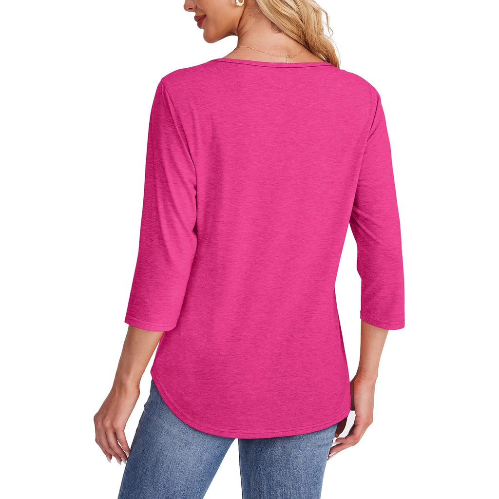 Ofeefan Womens Tops 3/4 Length Sleeve Blouses Dressy Casual Spring Summer Fall Outfits Pleated Front T Shirts Curved Hem
