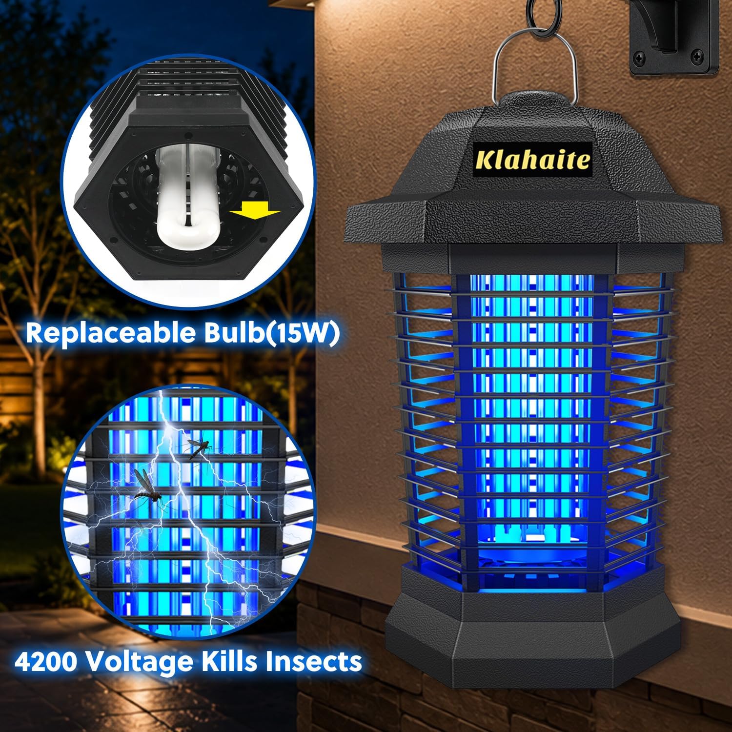 Bug Zapper Outdoor, Electric Mosquito Zapper, Fly Zapper Indoor Fly Traps, Mosquito Repellent Outdoor Patio & Backyard Covers 1/2 Acre, 4200V 3 Prong Plug, Abs Fireproof Plastic Outer